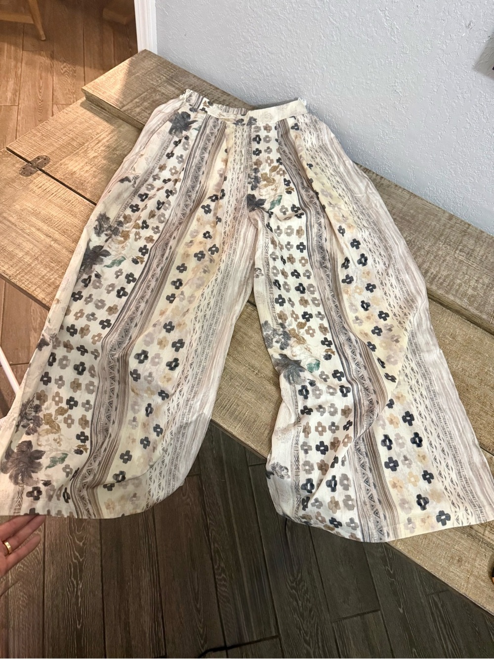 Boho Neutral Floral Stripe wide leg flowy pants - Beige Floral